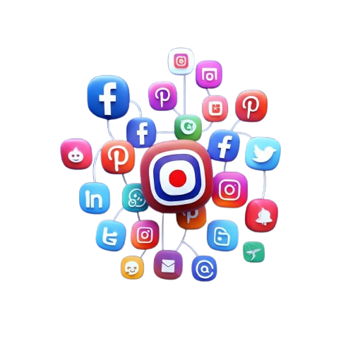 Social media marketing strategy with Facebook, Instagram, Twitter, LinkedIn icons
